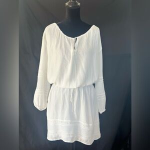 VINCE WHITE EMBROIDERED OFF SHOULDER PUFF SLEEVE TIE WAIST SUMMER DRESS MEDIUM